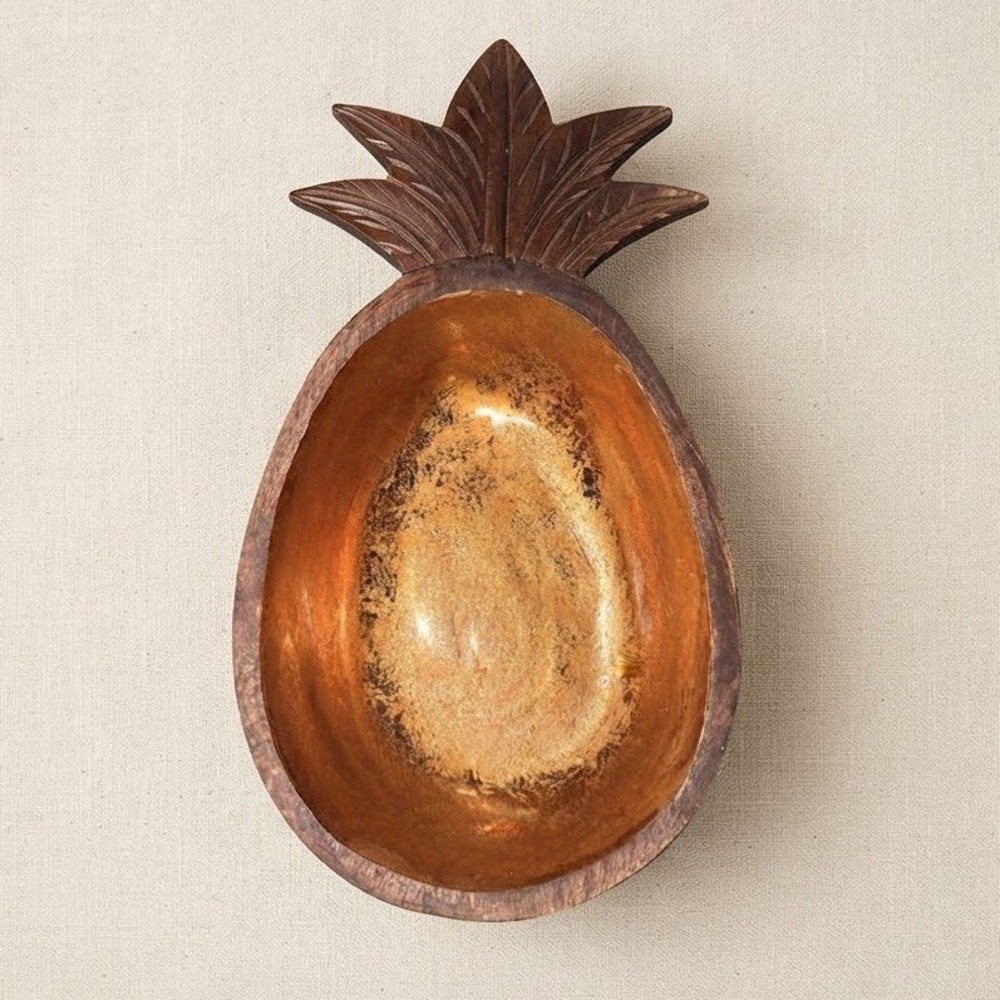 Hand Carved Wooden Pineapple Bowl Metallic Copper Gold Leaf Interior India Decor